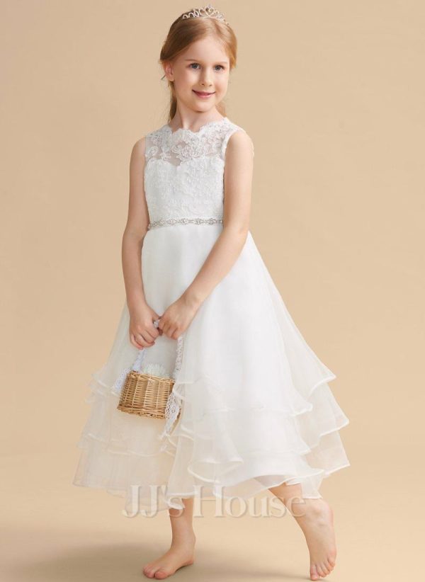 Flower Girl Dresses | A-line Scoop Tea-Length Lace/Organza Flower Girl Dress Ivory – Girls