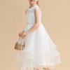 Flower Girl Dresses | A-line Scoop Tea-Length Lace/Organza Flower Girl Dress Ivory – Girls