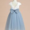 Flower Girl Dresses | A-line Scoop Tea-Length Lace/Satin/Tulle Flower Girl Dress Dusty Blue – Girls