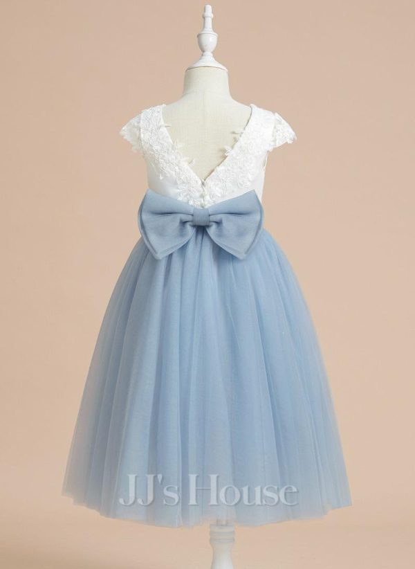 Flower Girl Dresses | A-line Scoop Tea-Length Lace/Satin/Tulle Flower Girl Dress Dusty Blue – Girls