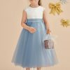 Flower Girl Dresses | A-line Scoop Tea-Length Lace/Satin/Tulle Flower Girl Dress Dusty Blue – Girls