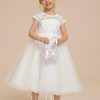 Flower Girl Dresses | A-line Scoop Tea-Length Lace/Tulle Flower Girl Dress Ivory – Girls