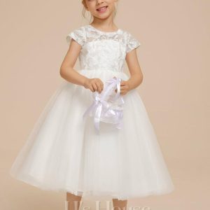 Flower Girl Dresses | A-line Scoop Tea-Length Lace/Tulle Flower Girl Dress Ivory – Girls