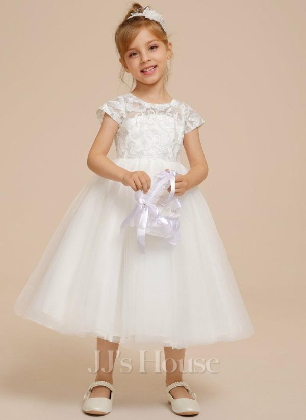 Flower Girl Dresses | A-line Scoop Tea-Length Lace/Tulle Flower Girl Dress Ivory – Girls