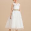 Flower Girl Dresses | A-line Scoop Tea-Length Lace/Tulle Flower Girl Dress Ivory – Girls