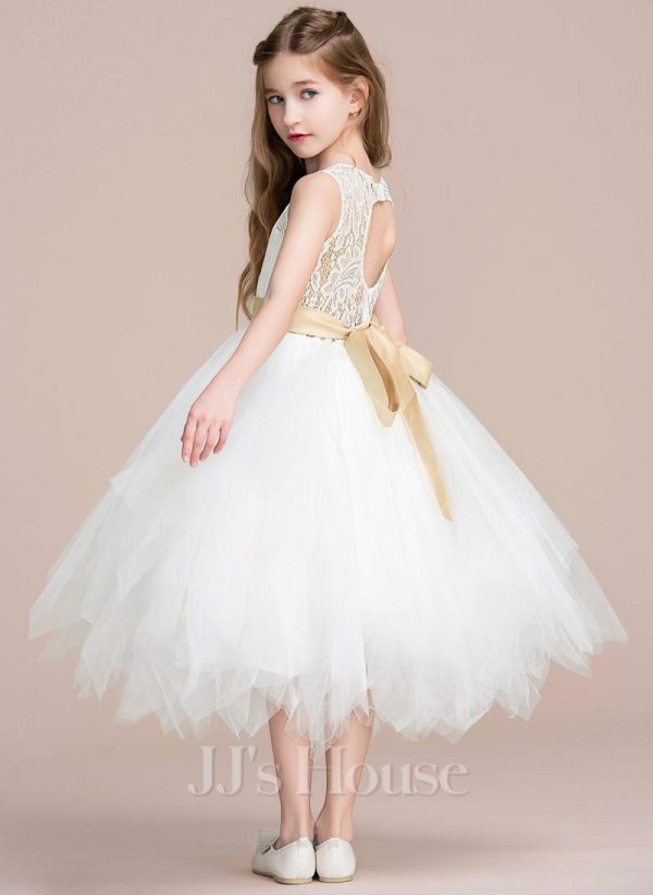 Flower Girl Dresses | A-line Scoop Tea-Length Lace/Tulle Flower Girl Dress Ivory – Girls