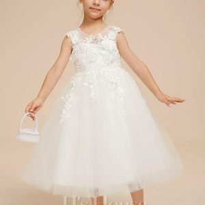 Flower Girl Dresses | A-line Scoop Tea-Length Lace/Tulle Flower Girl Dress Ivory – Girls