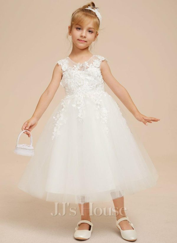 Flower Girl Dresses | A-line Scoop Tea-Length Lace/Tulle Flower Girl Dress Ivory – Girls