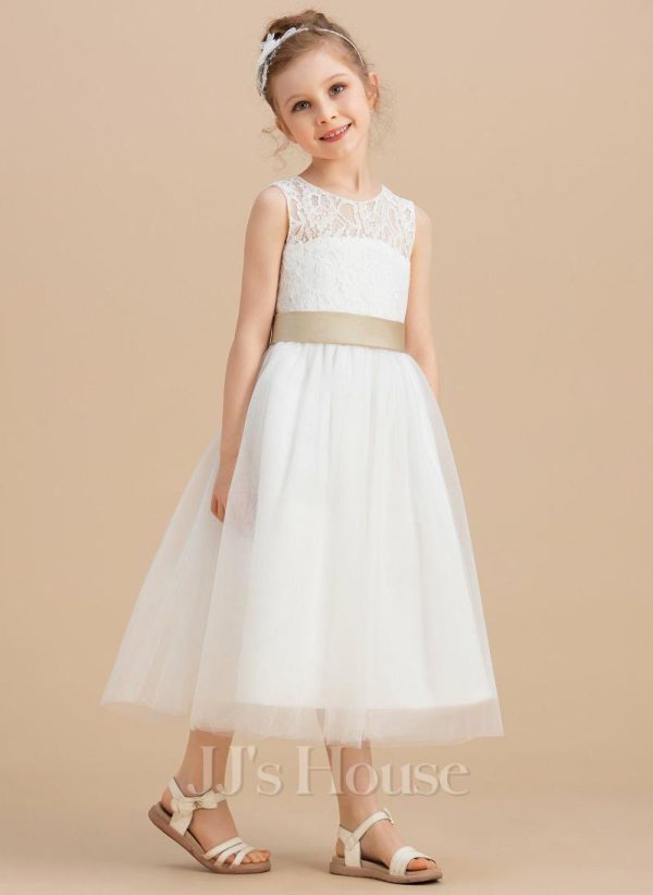 Flower Girl Dresses | A-line Scoop Tea-Length Lace/Tulle Flower Girl Dress Ivory – Girls