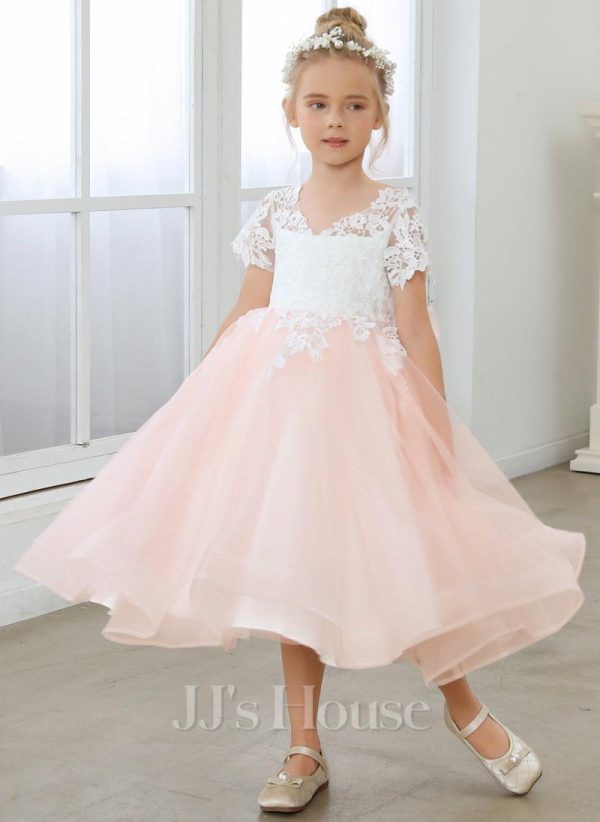 Flower Girl Dresses | A-line Scoop Tea-Length Lace/Tulle Flower Girl Dress Pearl Pink – Girls