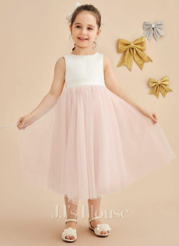 Flower Girl Dresses | A-line Scoop Tea-Length Satin/Tulle Flower Girl Dress Blushing Pink – Girls