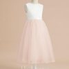 Flower Girl Dresses | A-line Scoop Tea-Length Satin/Tulle Flower Girl Dress Blushing Pink – Girls