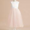 Flower Girl Dresses | A-line Scoop Tea-Length Satin/Tulle Flower Girl Dress Blushing Pink – Girls