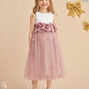 Flower Girl Dresses | A-line Scoop Tea-Length Satin/Tulle Flower Girl Dress Dusty Rose – Girls