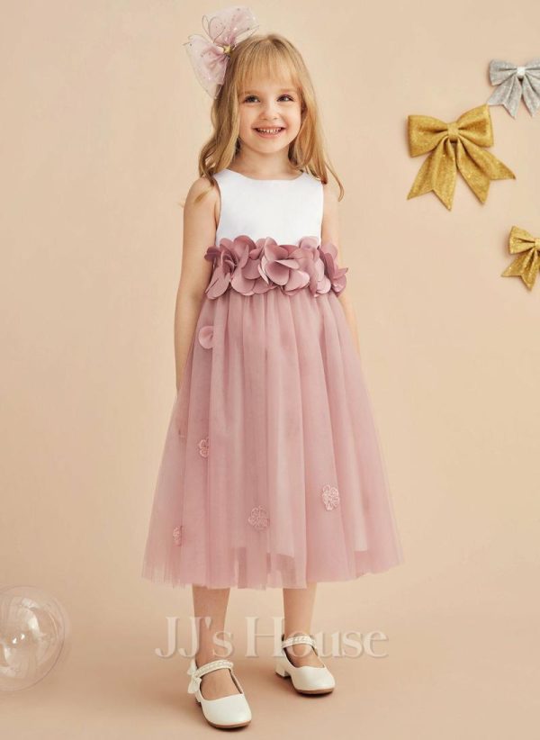 Flower Girl Dresses | A-line Scoop Tea-Length Satin/Tulle Flower Girl Dress Dusty Rose – Girls