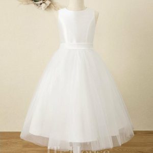 Flower Girl Dresses | A-line Scoop Tea-Length Satin/Tulle Flower Girl Dress Ivory – Girls