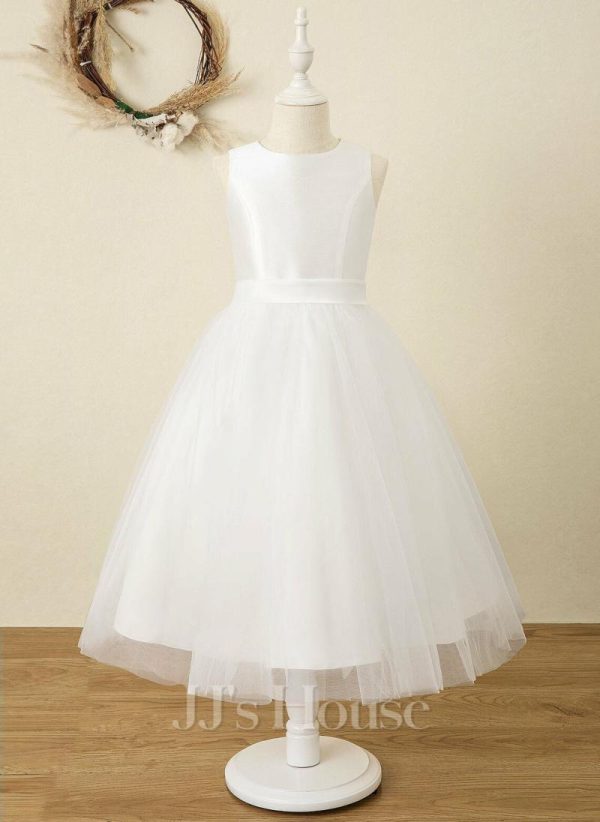 Flower Girl Dresses | A-line Scoop Tea-Length Satin/Tulle Flower Girl Dress Ivory – Girls