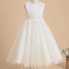 Flower Girl Dresses | A-line Scoop Tea-Length Satin/Tulle Flower Girl Dress Ivory – Girls