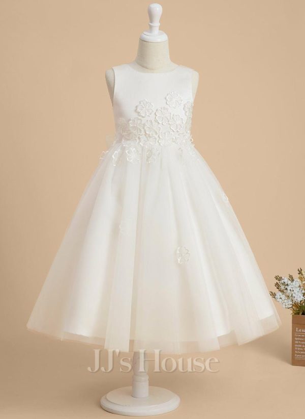 Flower Girl Dresses | A-line Scoop Tea-Length Satin/Tulle Flower Girl Dress Ivory – Girls