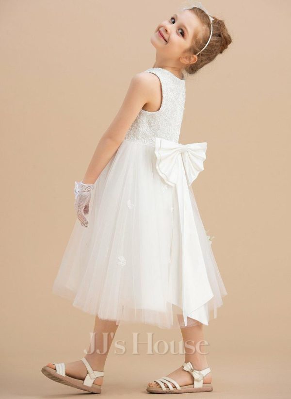 Flower Girl Dresses | A-line Scoop Tea-Length Satin/Tulle Flower Girl Dress Ivory – Girls