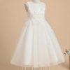 Flower Girl Dresses | A-line Scoop Tea-Length Satin/Tulle Flower Girl Dress Ivory – Girls