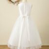 Flower Girl Dresses | A-line Scoop Tea-Length Satin/Tulle Flower Girl Dress Ivory – Girls