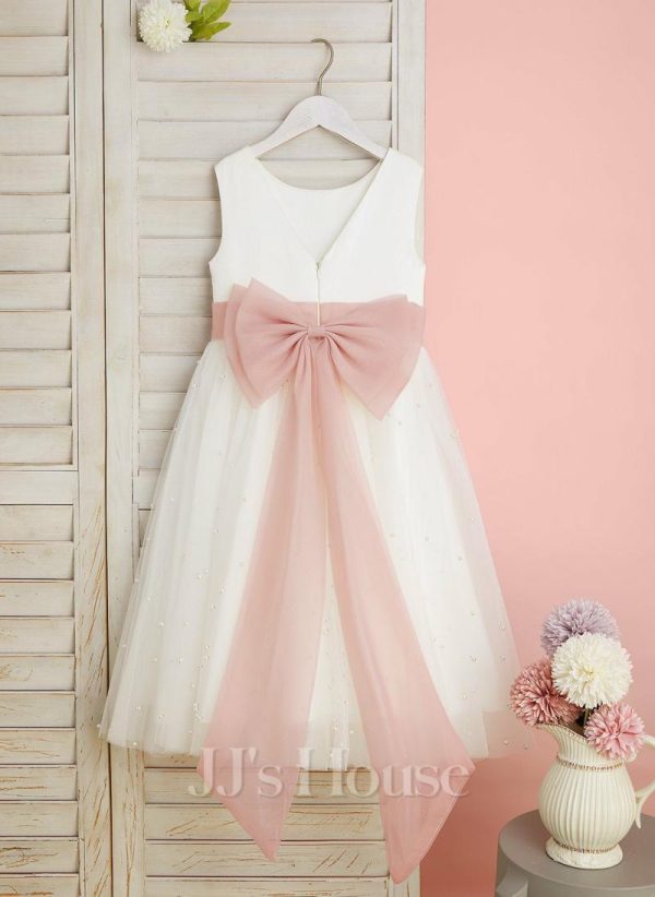 Flower Girl Dresses | A-line Scoop Tea-Length Tulle Flower Girl Dress Ivory – Girls