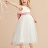 Flower Girl Dresses | A-line Scoop Tea-Length Tulle Flower Girl Dress Ivory – Girls