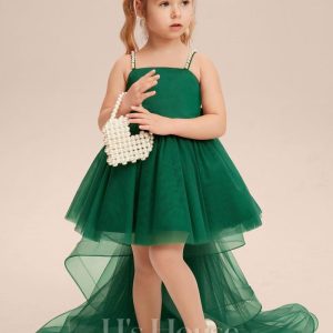 Flower Girl Dresses | A-line Square Detachable/Knee-Length Tulle Flower Girl Dress Dark Green – Girls