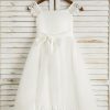 Flower Girl Dresses | A-line Square Tea-Length Satin/Tulle Flower Girl Dress Ivory – Girls