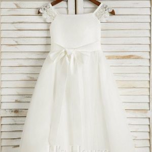 Flower Girl Dresses | A-line Square Tea-Length Satin/Tulle Flower Girl Dress Ivory – Girls