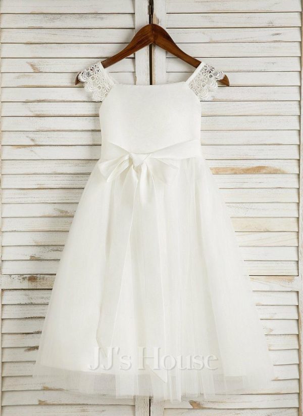 Flower Girl Dresses | A-line Square Tea-Length Satin/Tulle Flower Girl Dress Ivory – Girls