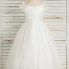 Flower Girl Dresses | A-line Square Tea-Length Satin/Tulle Flower Girl Dress Ivory – Girls