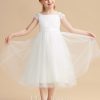 Flower Girl Dresses | A-line Square Tea-Length Satin/Tulle Flower Girl Dress Ivory – Girls