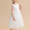 Flower Girl Dresses | A-line Square Tea-Length Satin/Tulle Flower Girl Dress Ivory – Girls