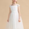 Flower Girl Dresses | A-line Square Tea-Length Satin/Tulle Flower Girl Dress Ivory – Girls