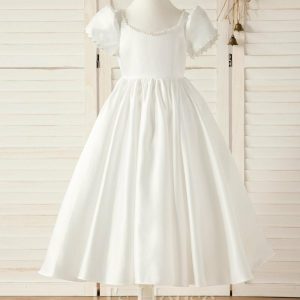 Flower Girl Dresses | A-line Sweetheart Tea-Length Satin Flower Girl Dress Ivory – Girls