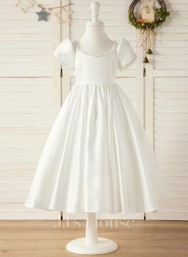 Flower Girl Dresses | A-line Sweetheart Tea-Length Satin Flower Girl Dress Ivory – Girls