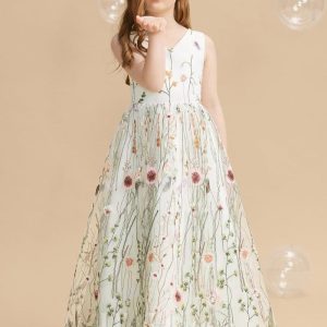 Flower Girl Dresses | A-line V-Neck Floor-Length Jacquard Flower Girl Dress As Picture – Girls