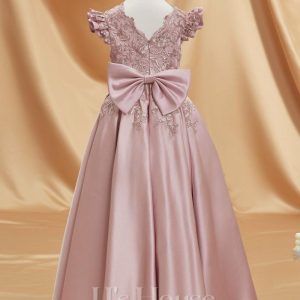 Flower Girl Dresses | A-line V-Neck Floor-Length Lace/Satin Flower Girl Dress Dusty Rose – Girls