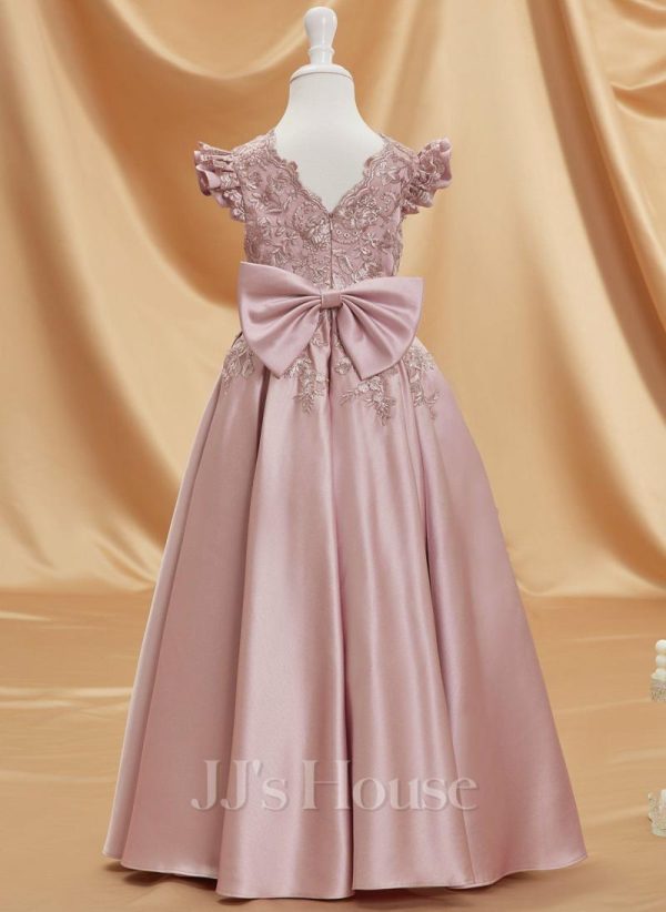 Flower Girl Dresses | A-line V-Neck Floor-Length Lace/Satin Flower Girl Dress Dusty Rose – Girls