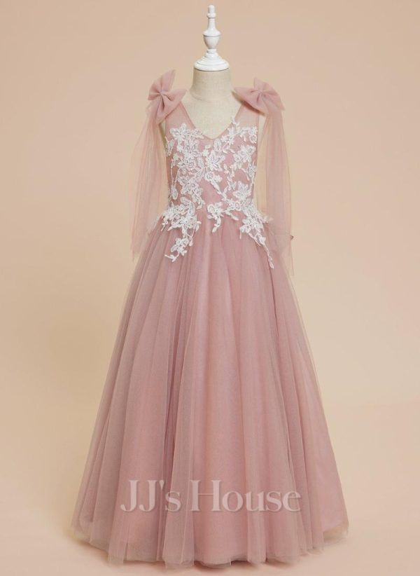 Flower Girl Dresses | A-line V-Neck Floor-Length Lace/Tulle Flower Girl Dress Dusty Rose – Girls