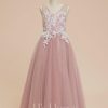 Flower Girl Dresses | A-line V-Neck Floor-Length Lace/Tulle Flower Girl Dress Dusty Rose – Girls