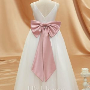 Flower Girl Dresses | A-line V-Neck Floor-Length Satin/Tulle Flower Girl Dress Ivory – Girls