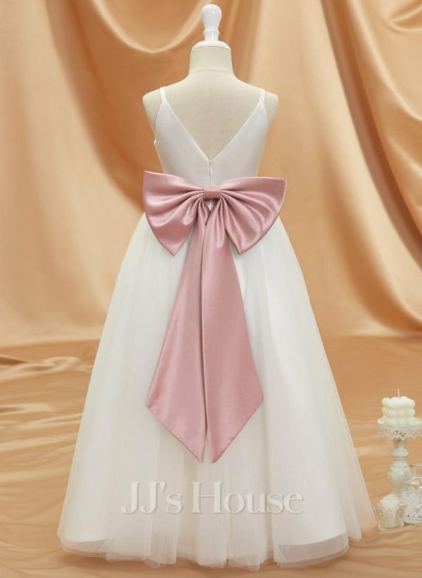 Flower Girl Dresses | A-line V-Neck Floor-Length Satin/Tulle Flower Girl Dress Ivory – Girls