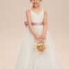 Flower Girl Dresses | A-line V-Neck Floor-Length Satin/Tulle Flower Girl Dress Ivory – Girls