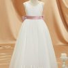 Flower Girl Dresses | A-line V-Neck Floor-Length Satin/Tulle Flower Girl Dress Ivory – Girls