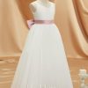 Flower Girl Dresses | A-line V-Neck Floor-Length Satin/Tulle Flower Girl Dress Ivory – Girls