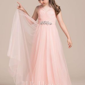 Flower Girl Dresses | A-line V-Neck Floor-Length Tulle Flower Girl Dress Pearl Pink – Girls