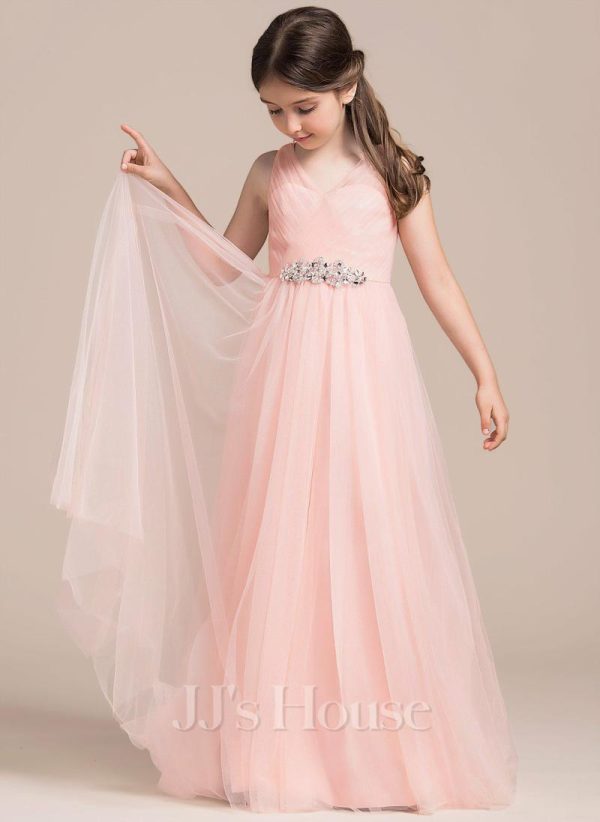 Flower Girl Dresses | A-line V-Neck Floor-Length Tulle Flower Girl Dress Pearl Pink – Girls